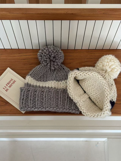 Haila - Contrast Stripe Chunky Knit Pom Pom Beanie