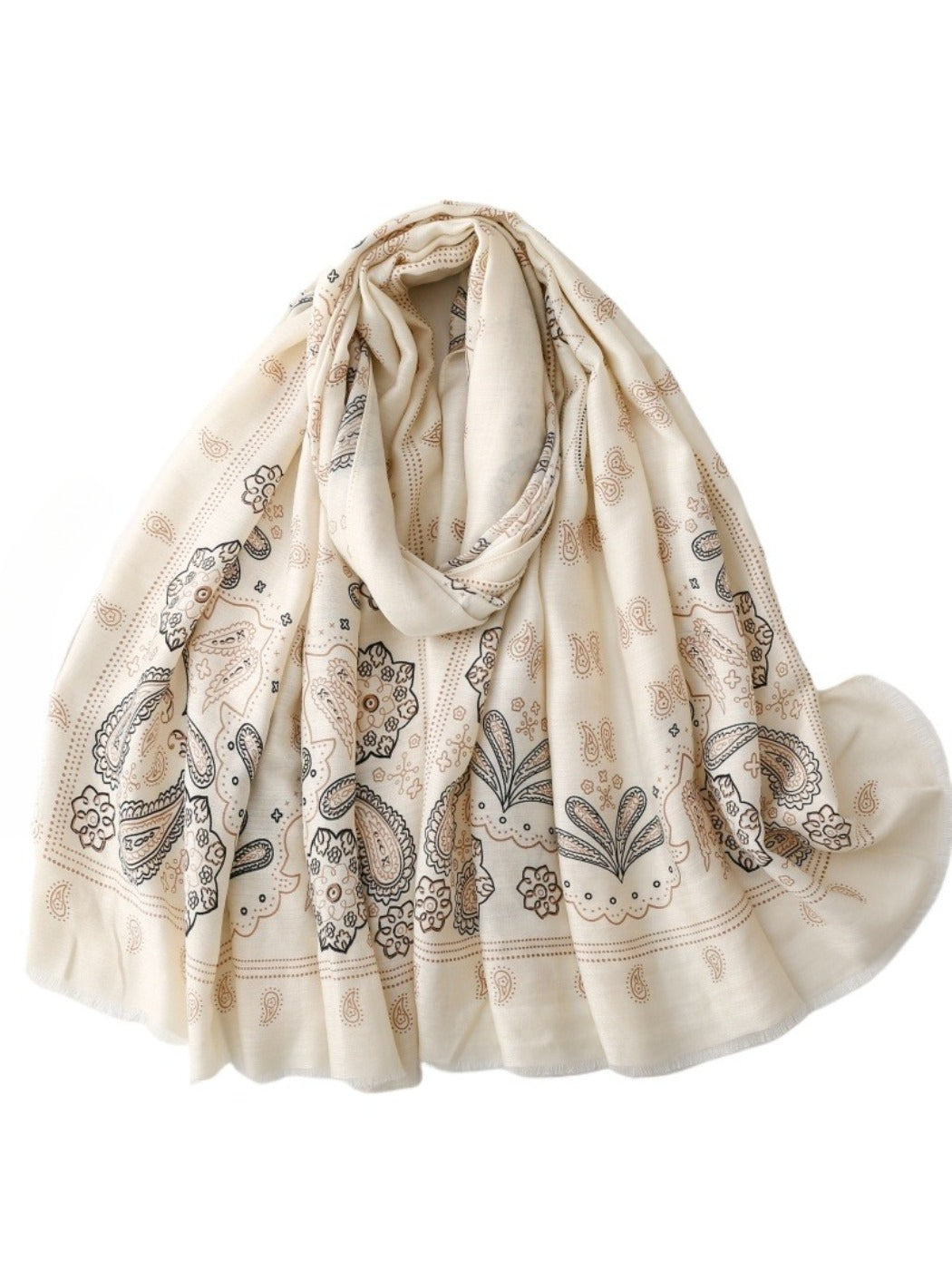 Soft boho paisley scarf folded on a white background showing intricate patterns