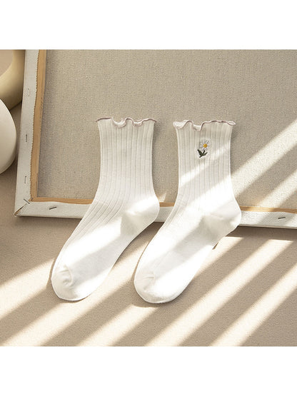 Rufia - Ruffle Trim Flower Embroidery Crew Socks