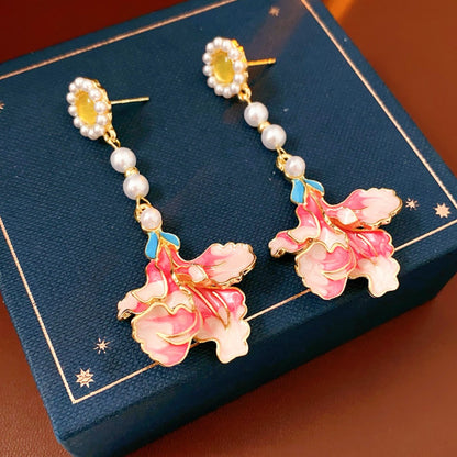 Earwish - Vintage Pink Floral Long Earrings With Beads