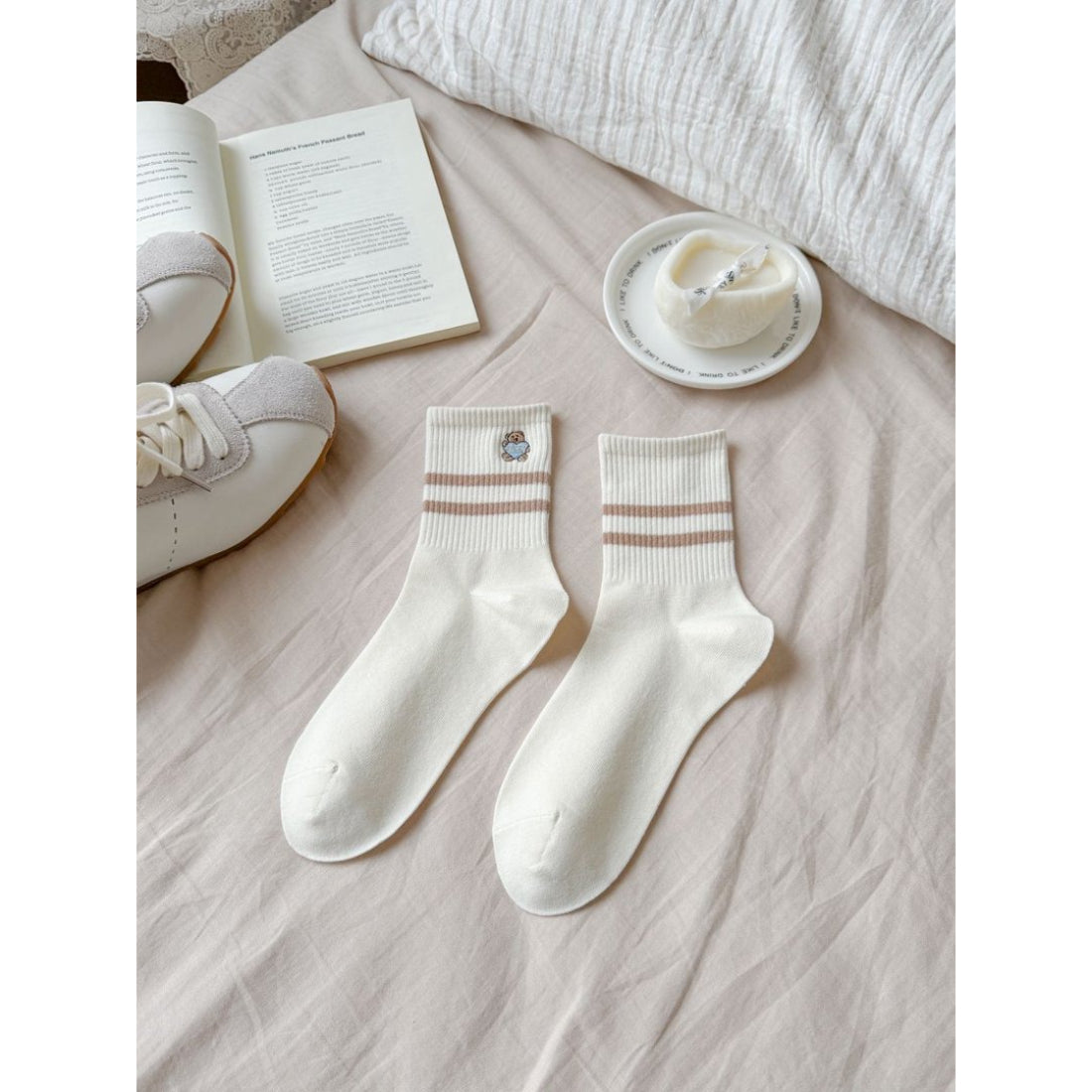 Rufia Mini Motif Stripe Crew Socks worn on feet showing fit and length