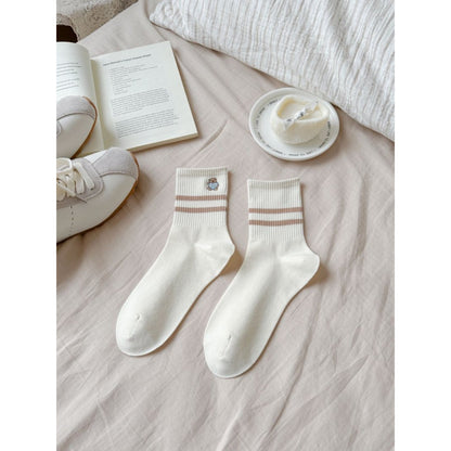 Rufia Mini Motif Stripe Crew Socks worn on feet showing fit and length