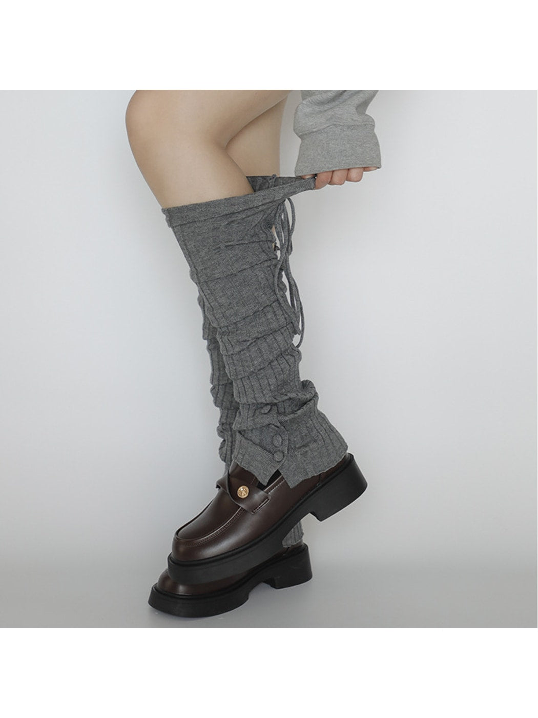 Cozyra - Button-and-Drawstring Ribbed Leg Warmers