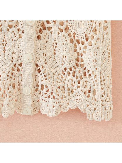 Crosa - Vacation Style V-Neck Hollow Out Knit Cardigan
