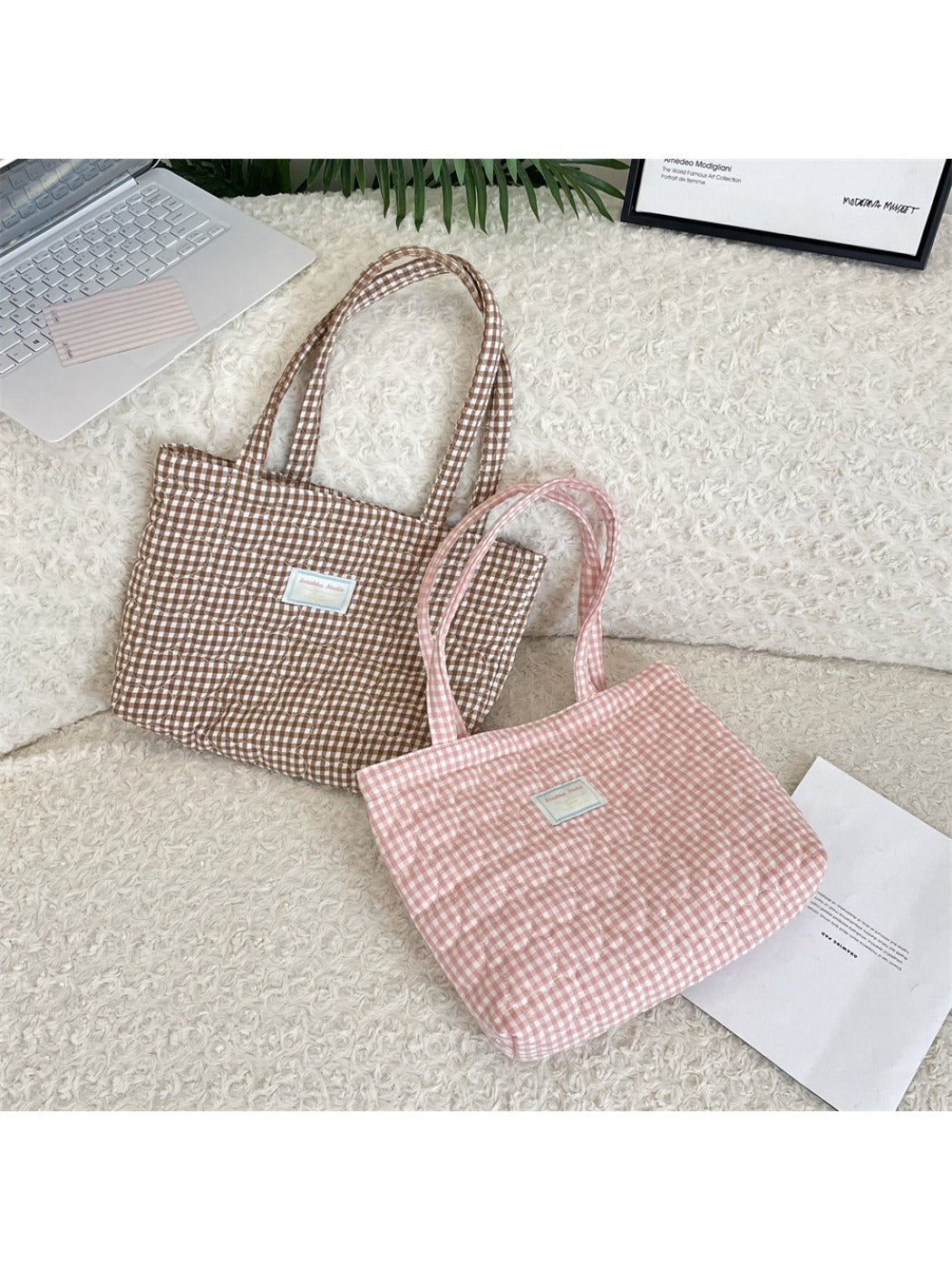 Cosbai - Tote Bag with Heart & Plaid Pattern