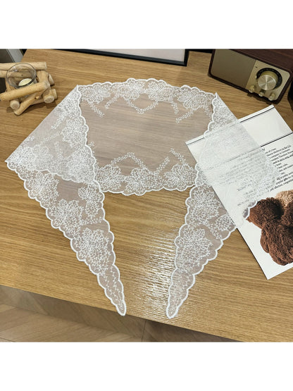 Scarvii - Floral Print Lace Trim Solid Triangle Bandana