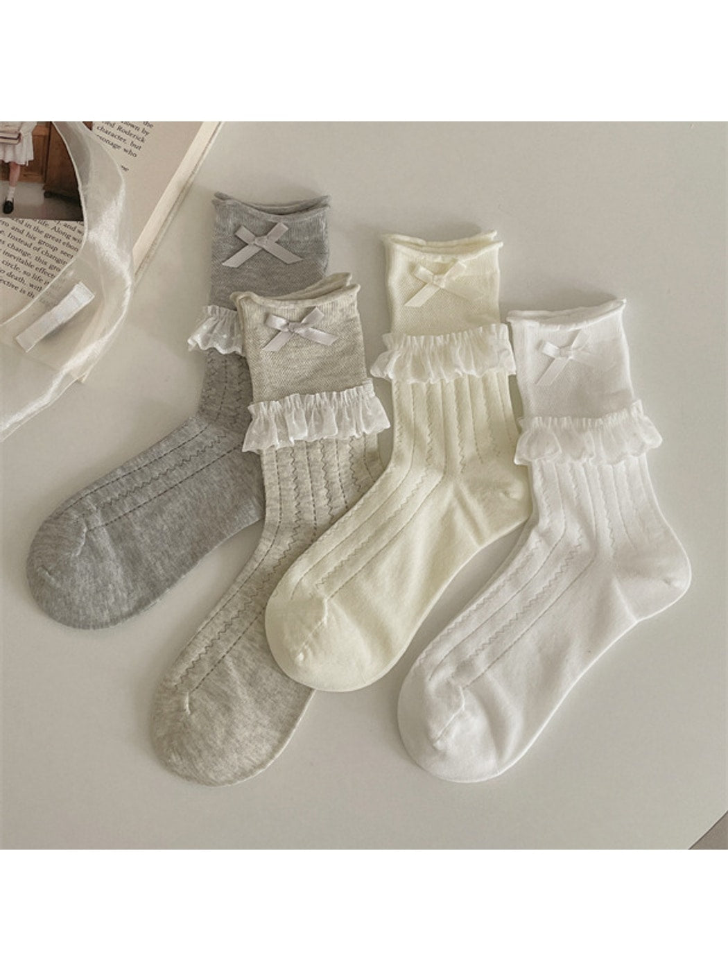 Rufia - Ballet Style Lace Ribbon Bow Detail Crew Socks