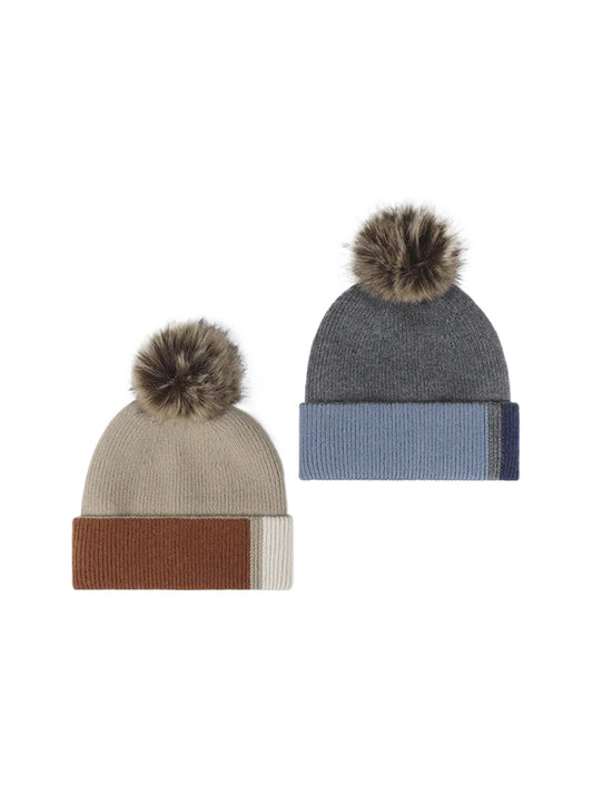 Haila - Colorblock Plush Lined Pom Knit Beanie