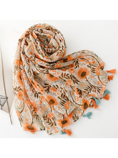 Scarvii - Boho Floral Print Tassel Scarf