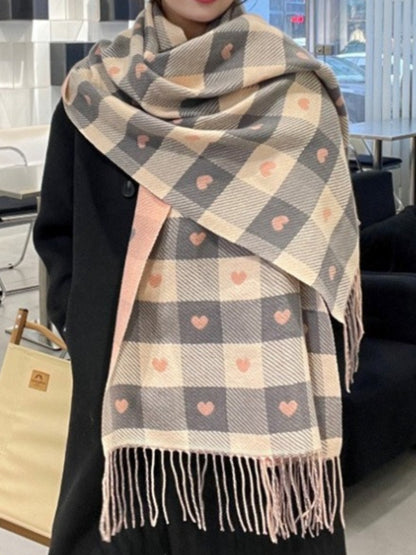 Scarvii - Heart Print Plaid Winter Scarf