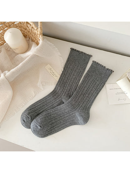 Rufia - Solid Color Ribbed Mid-Calf Socks