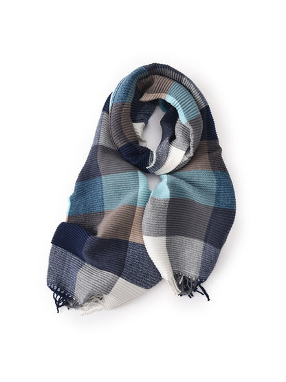 Scarvii - Ribbed Colorblock Plaid Fringed Scarf