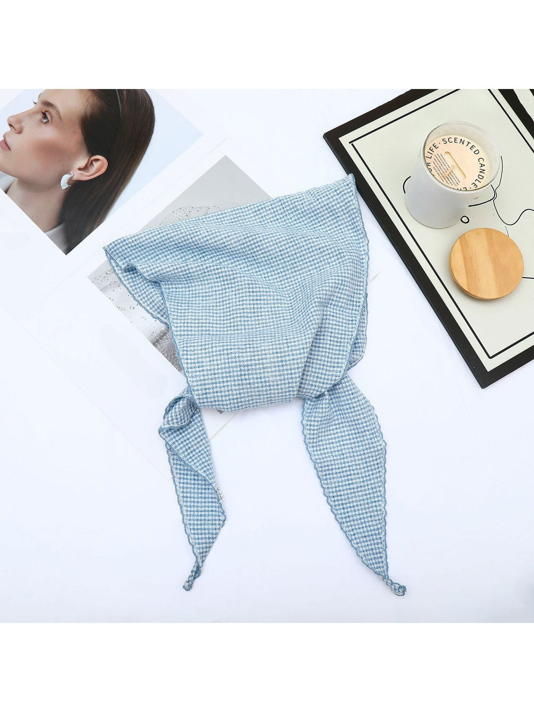 Scarvii - Gingham Triangle Head Scarf with Lettuce Edge