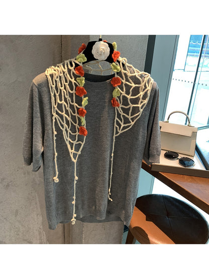 Scarvii - Openwork Floral Trim Triangle Scarf