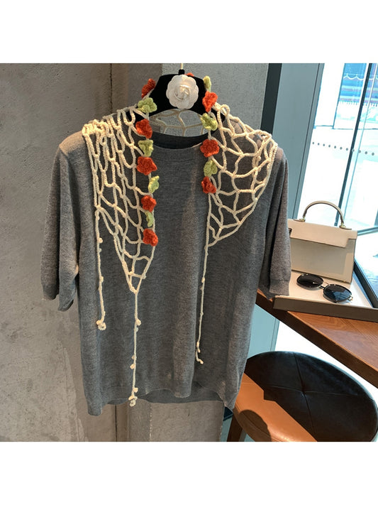 Scarvii - Openwork Floral Trim Triangle Scarf