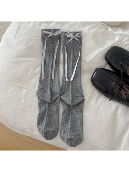Rufia - Simple Solid Color Bow Mid-calf Socks