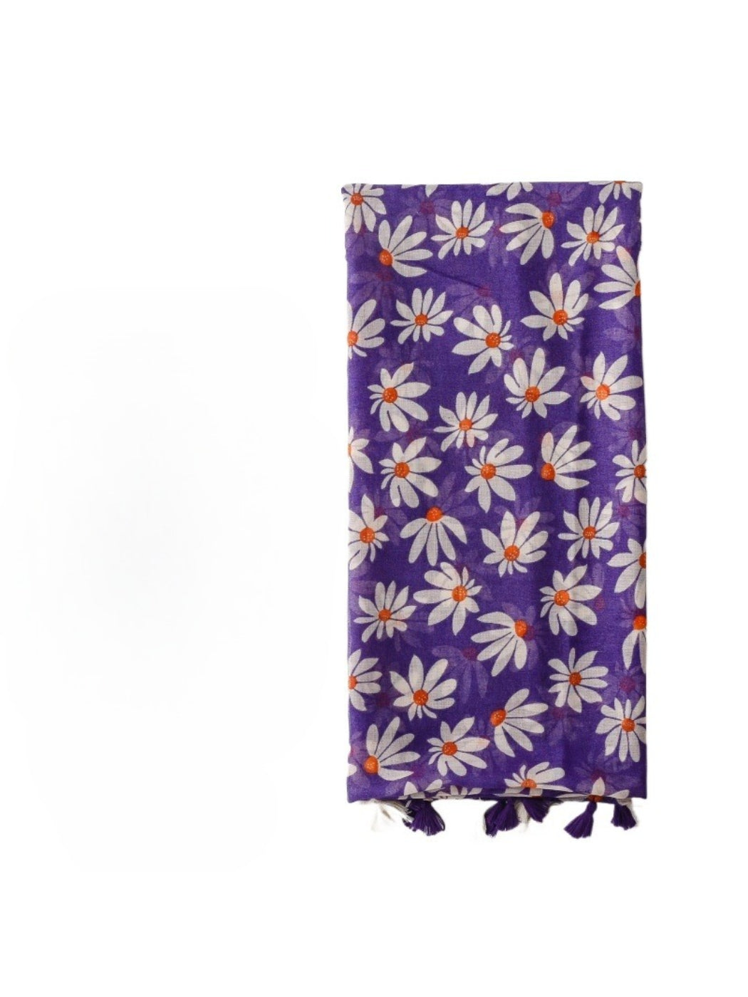 Close-up of Scarvii wrap fabric with tiny bloom floral print and tassel detail