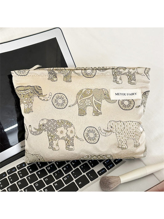 Cosbai Boho style cosmetic bag with elephant pattern on beige fabric