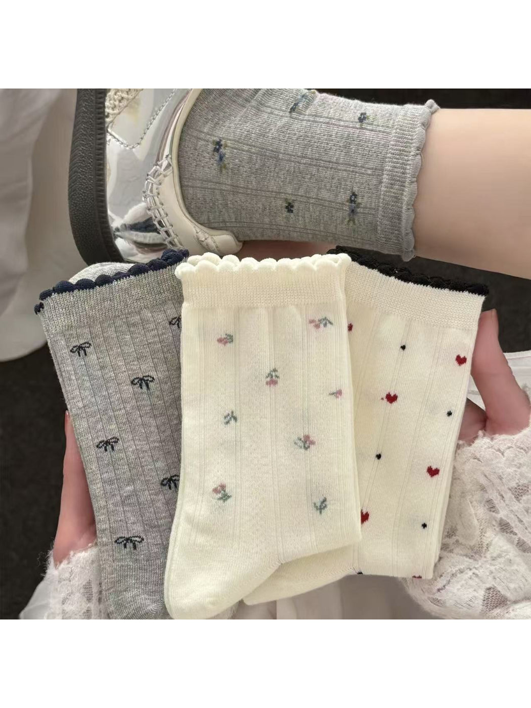 Rufia mixed motif lace trim crew socks in white, flat lay showing lace detail