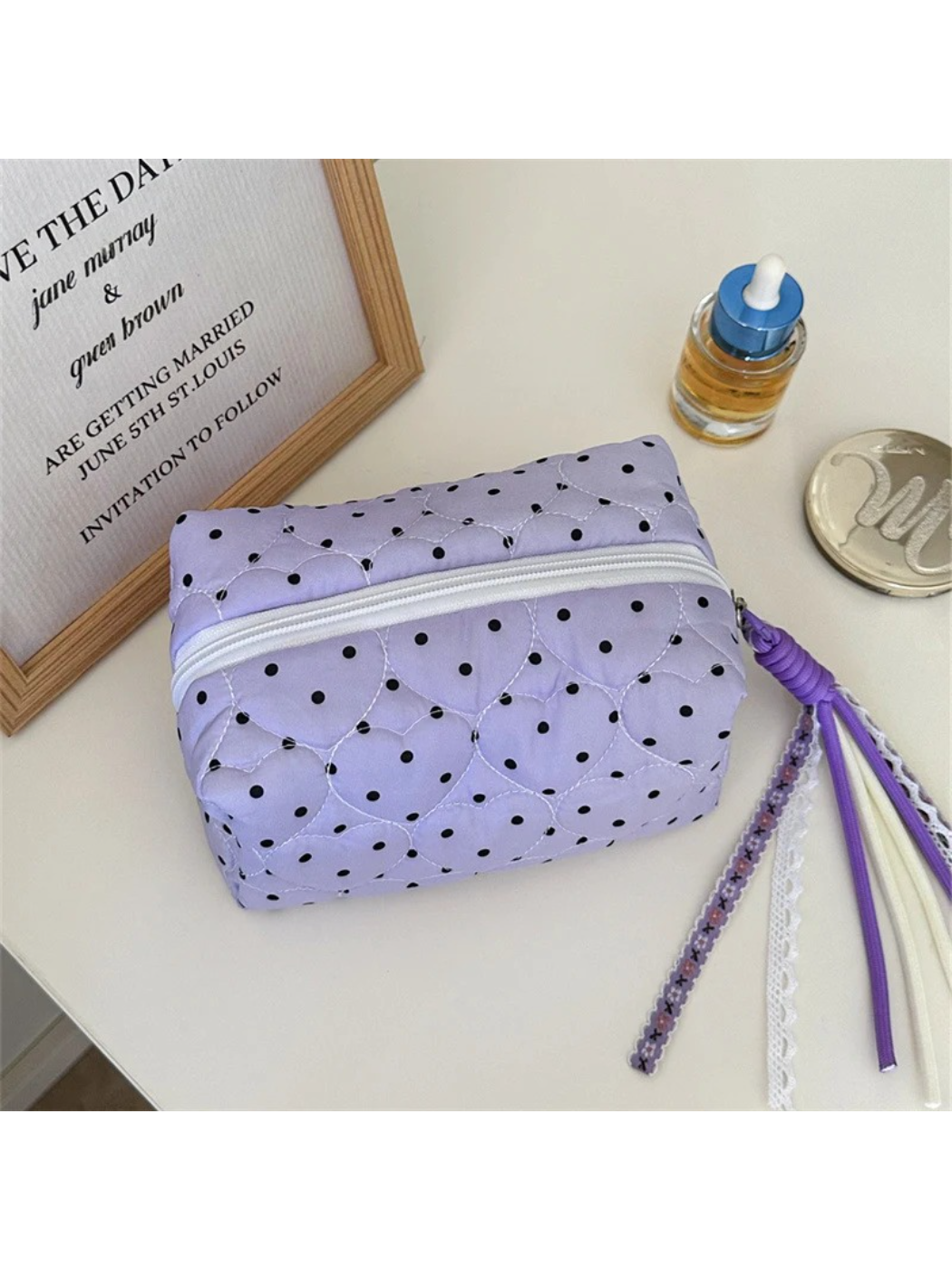 Cosbai - Polka Dot Heart-Quilted Makeup Bag