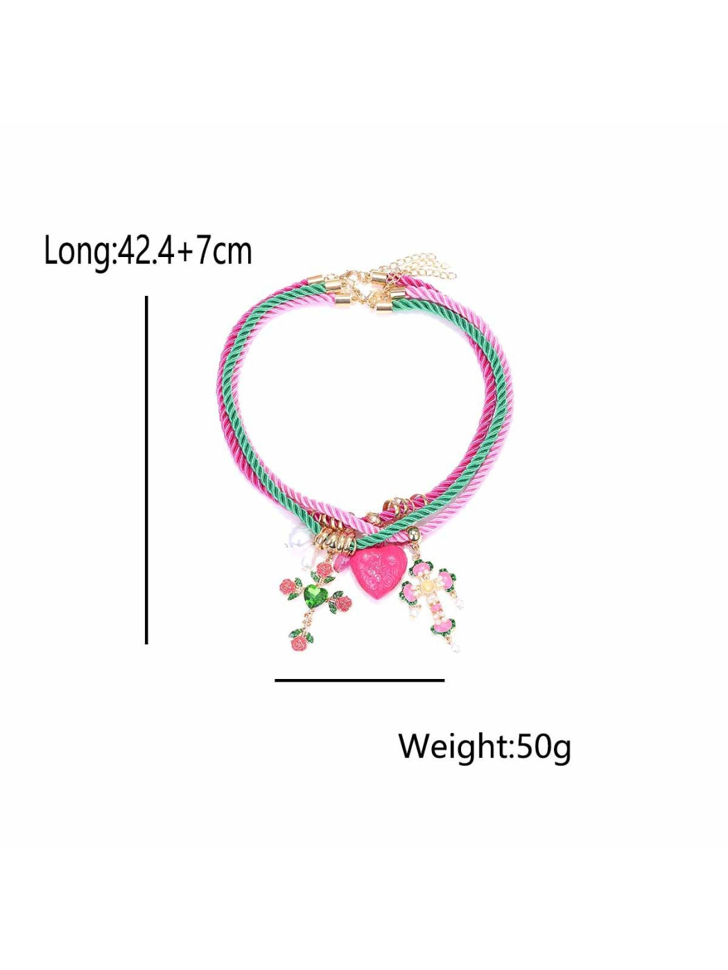 Neckit color rope charm necklace with heart detail laid flat showing full length