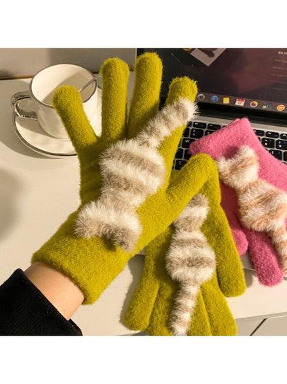 Gloving - Cozy Cat Striped Knit Gloves for Women