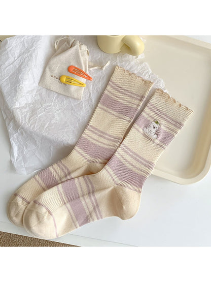 Side view of Rufia Soft Stripe Bear Crew Socks highlighting ribbed cuff and bear pattern