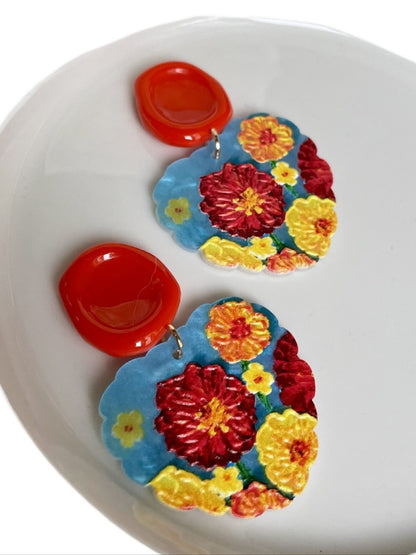 Earwish - Vintage Orange and Red Flower Earrings