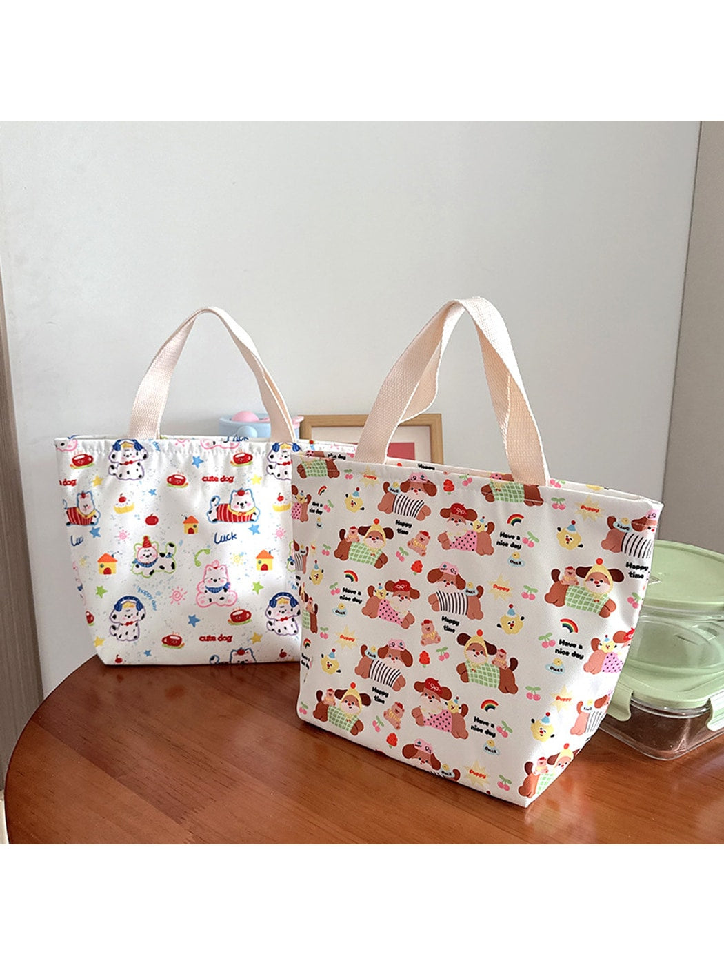 Cosbai - Cartoon Dog Print Open-Top Lunch Bag
