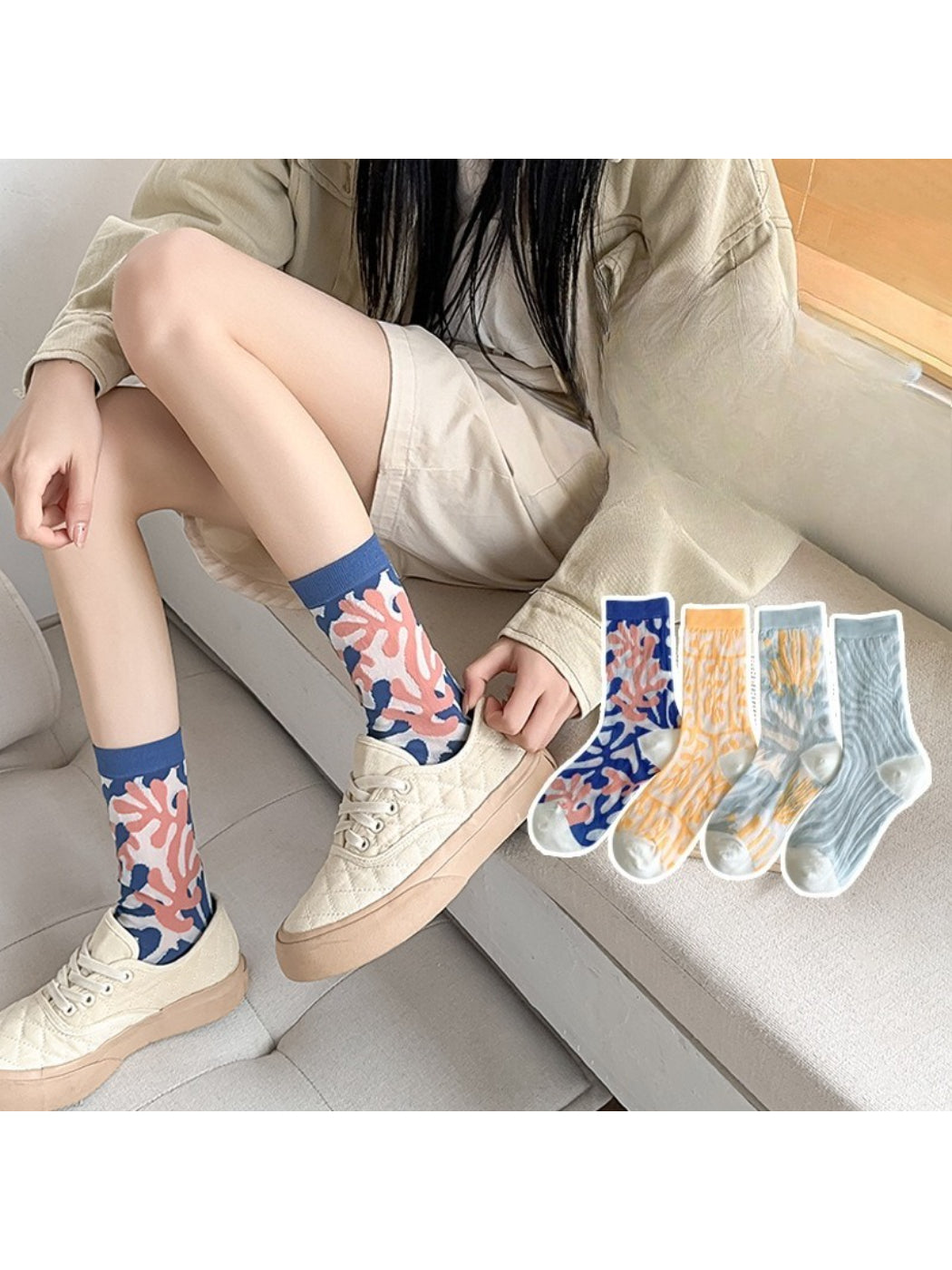 Close-up of Rufia floral crew socks highlighting detailed mixed flower designs on fabric