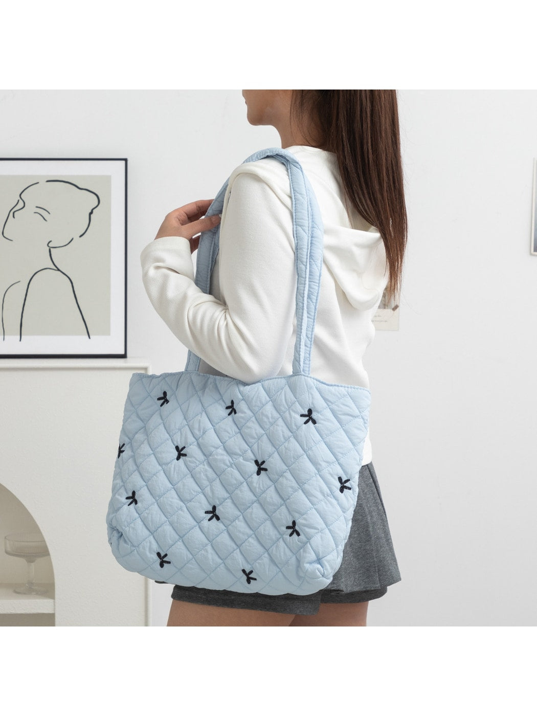 Cosbai - Bow and Floral Patterns Quilted Tote Bag