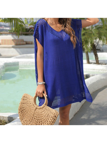 Crosa - Loose Fit V Neck Pullover Hollow Out Dress