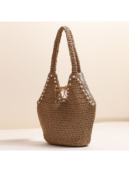 Cosbai - Brown Beaded Detail Woven Tote Bag