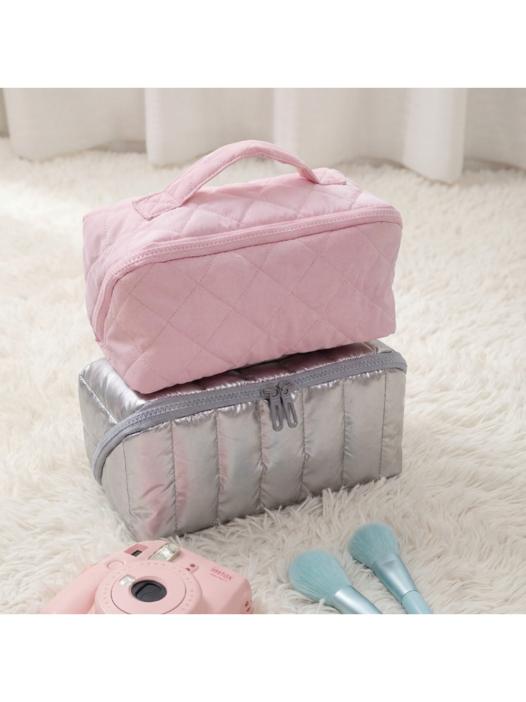 Side view of Cosbai portable makeup bag showing top handle and compact shape