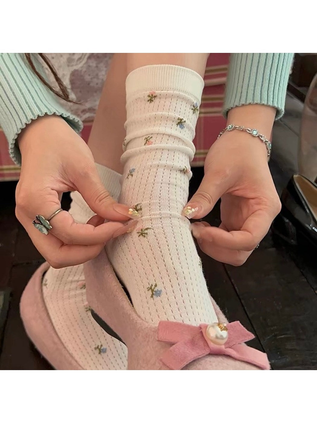 Rufia - Pointelle Slouch Crew Socks with Tiny Flowers