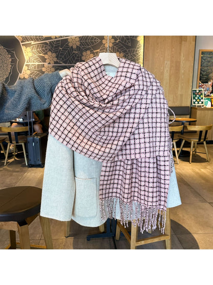 Scarvii - Textured Plaid Fringed Winter Scarf