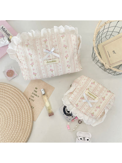 Cosbai - Floral Stripe Ruffle Trim Bow Pouch