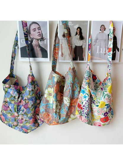 Cosbai - Painterly Floral Pattern Soft Shoulder Tote Bag