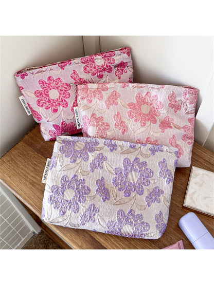 Cosbai - Raised Floral Zipper Makeup Bag