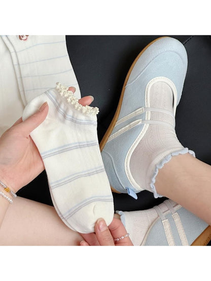 Rufia - Cartoon Dog Embroidered Striped Ankle Socks