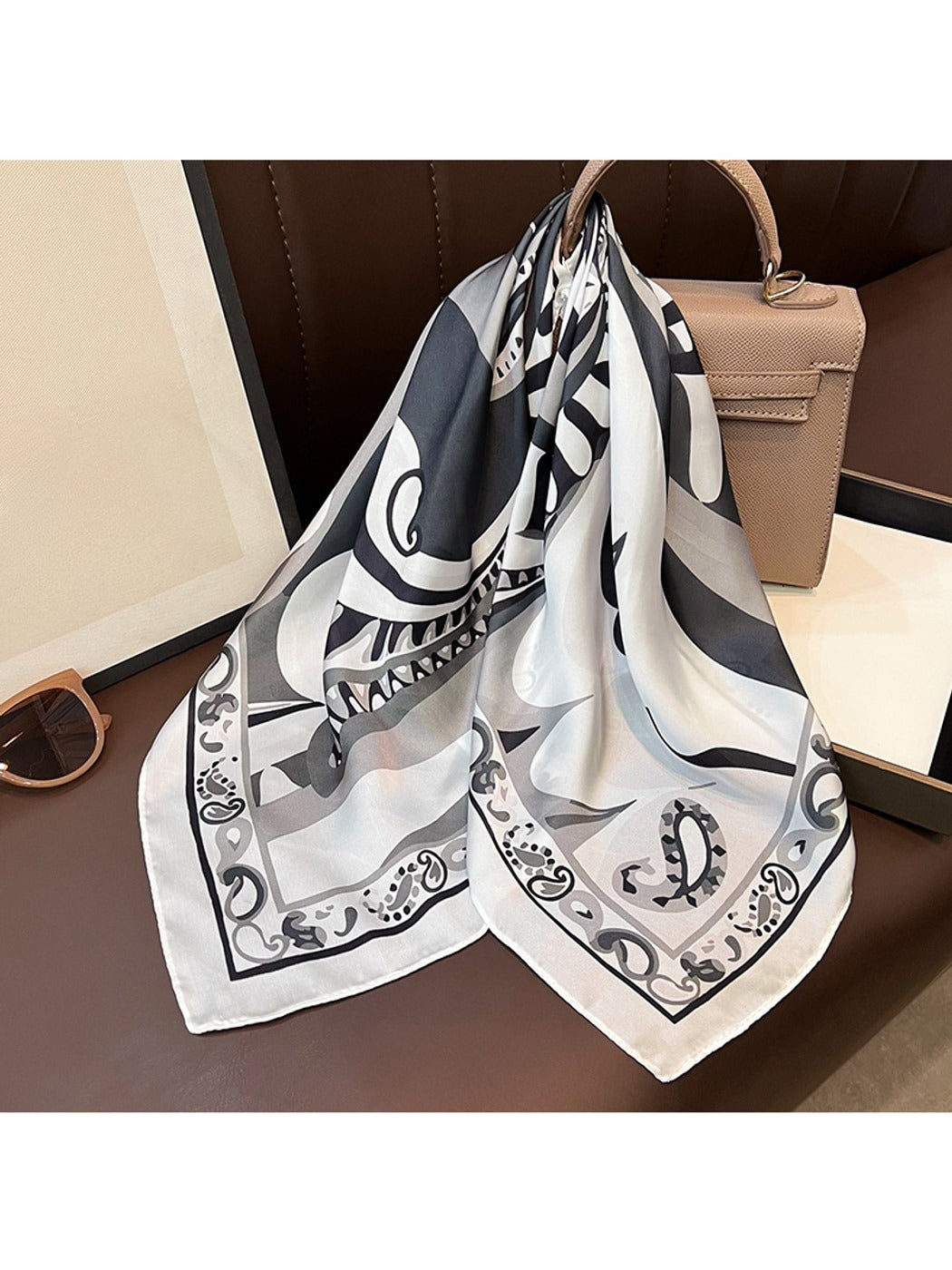 Scarvii - Ornate Border Print Neck Styling Square Scarf