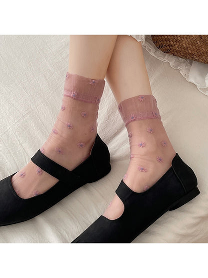 Rufia - Floral Pattern Sheer Crew Socks