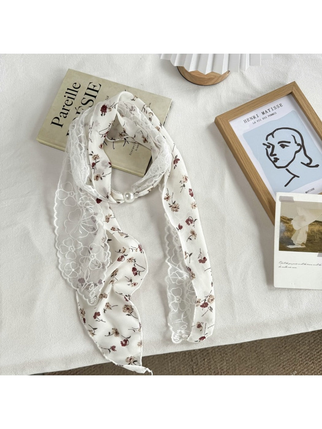 Scarvii - Lace Double Layer Floral Long Narrow Scarf