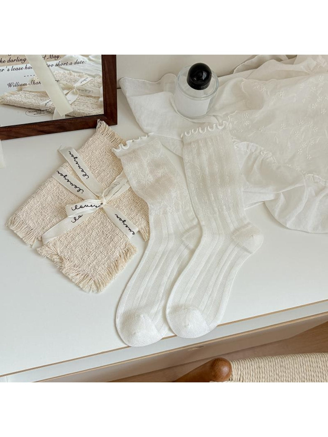 Rufia - Ruffle Trim Ribbed Solid Color Crew Socks