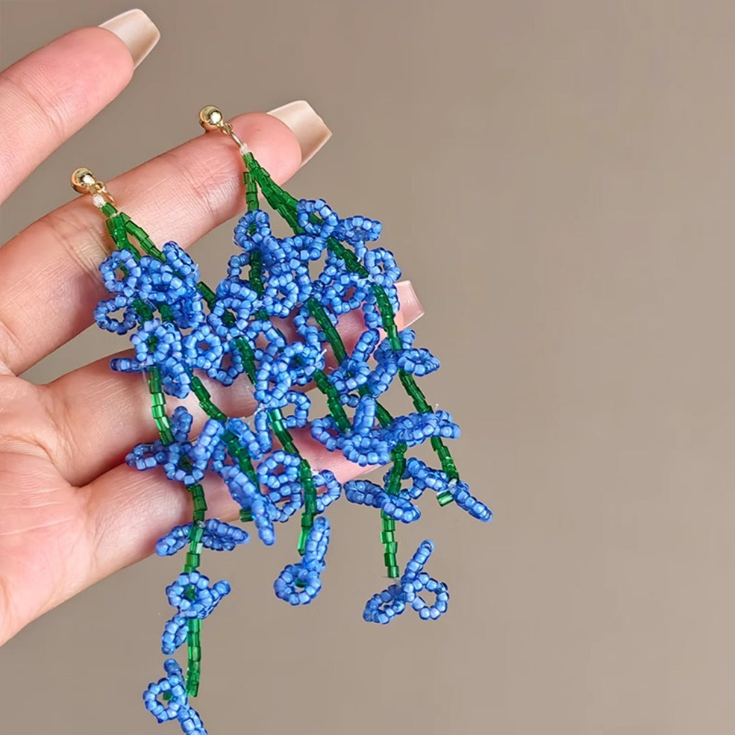Earwish - Blue Beaded Iris Floral Earrings - Graceful & Flowing