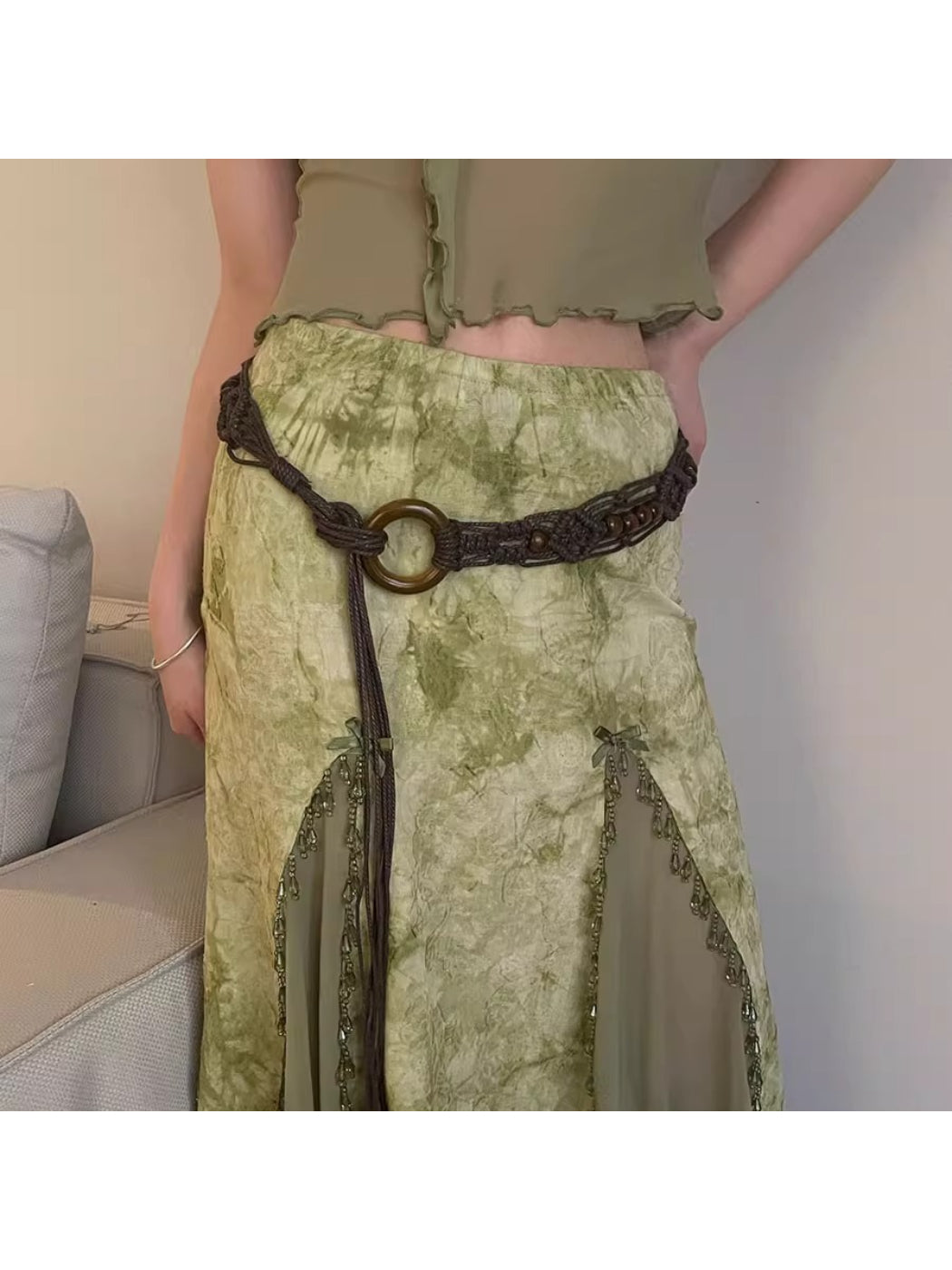 Beco Boho braided rope waist belt styled on a white dress showing adjustable length