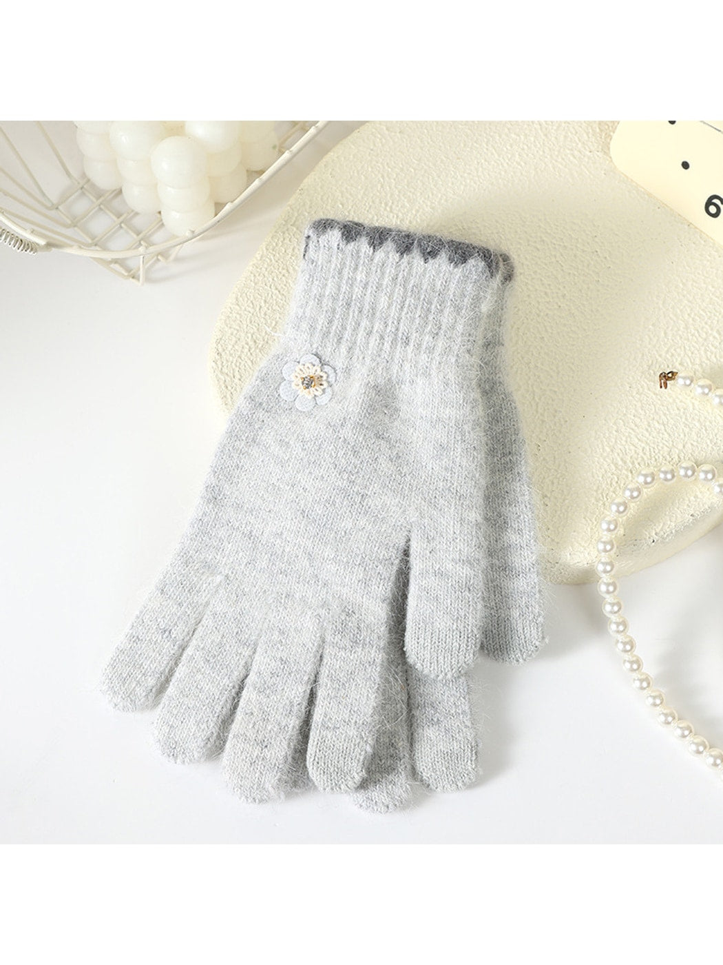 Gloving - Floral Accent Fuzzy Knit Winter Gloves