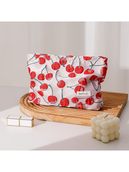 Cosbai - Red Cherry Print Handheld Makeup Bag
