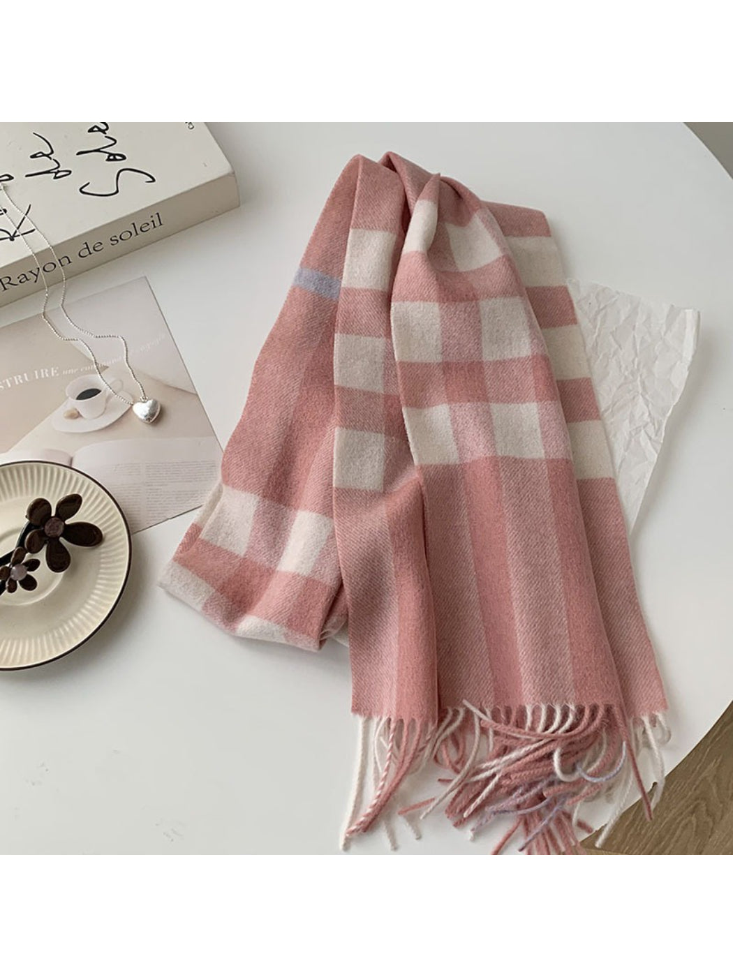 Scarvii - Soft Light Checked Fringe Scarf
