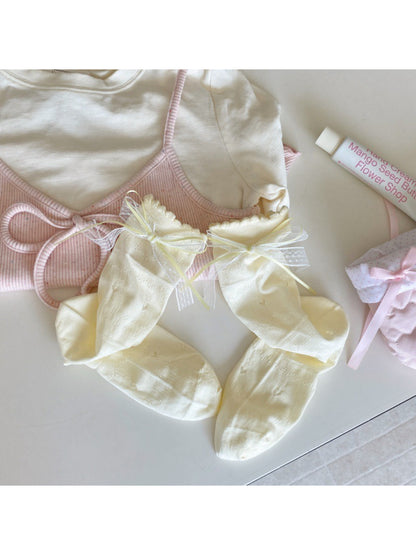 Top view of Rufia Romantic Ribbon Trim Socks showing overall design and ribbon detail